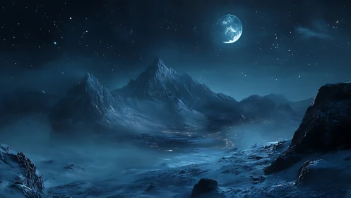 Moonlit frozen mountains wrapped in quiet midnight magic.