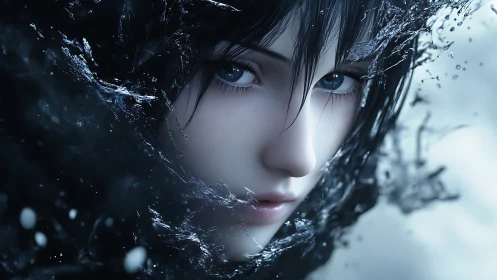 Liquid midnight curls around the girl with tidal eyes