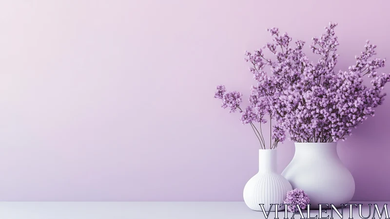 Soft lavender blooms resting in calm white vases.
