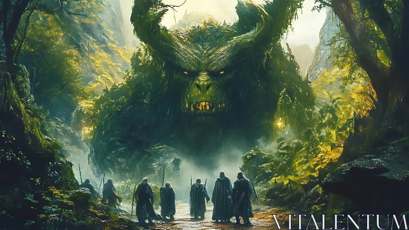 Forest colossus stares down cloaked wanderers at misty gorge.