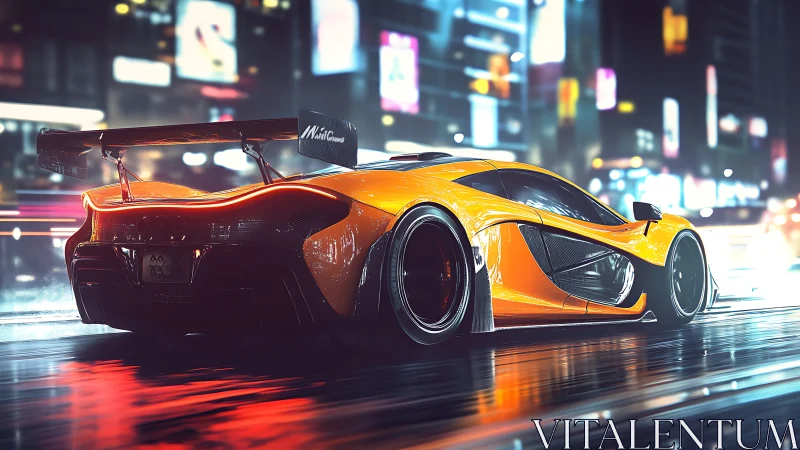 Neon-lit orange hypercar rendering on reflective wet street.