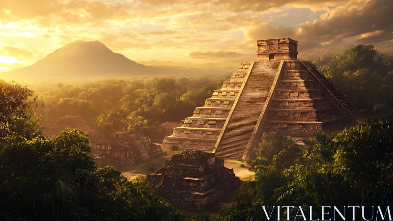 Stepped Mesoamerican pyramid in dense jungle at golden sunrise