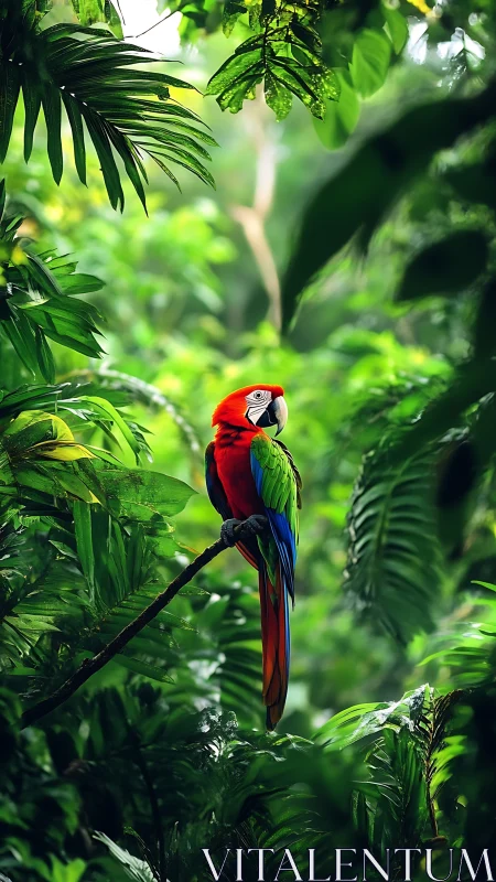 Scarlet macaw perched amid dense tropical foliage.