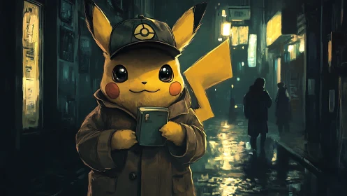 Digital noir Pikachu in rain-slicked urban alleyway illustration.