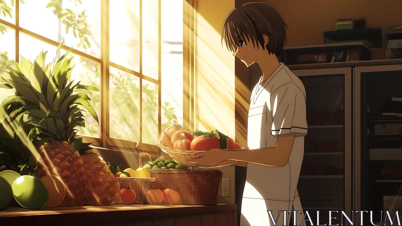 Teen cook arranging ripe fruit in warm backlit kitchen