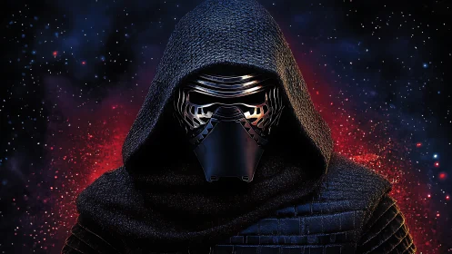 Masked hooded warrior stands against cosmic red nebula glow