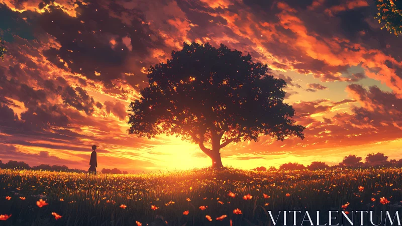 Solitary figure crosses sunset meadow beneath glowing tree