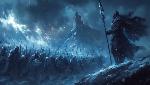 Armored infantry mass advancing toward distant hill fortress.