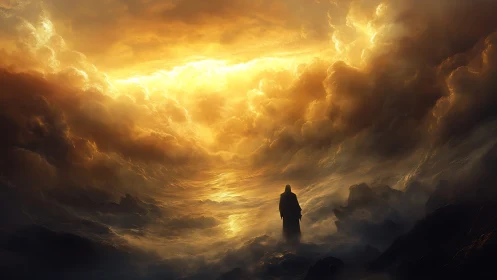 Lone robed wanderer beneath blazing celestial stormscape.