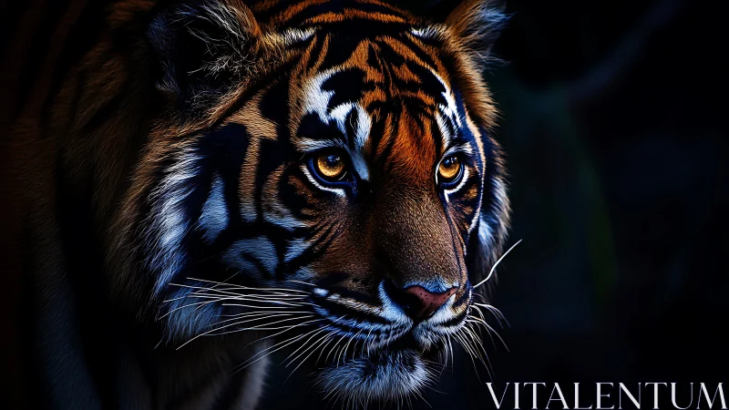 Burnished tiger portrait under dramatic low-key lighting.