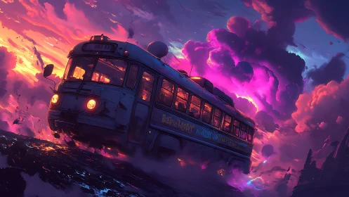 Retro bus crossing vivid storm clouds at sunset sky.