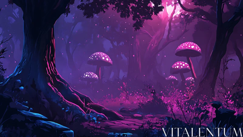 Luminescent forest environment with glowing fungal structures and atmospheric lighting