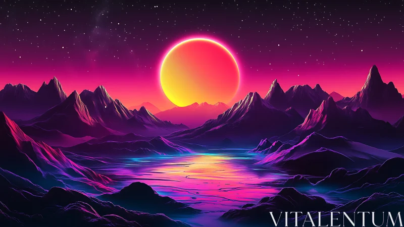 Neon gradient mountainscape with large sun over water.