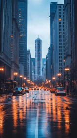 Rain-soaked city avenue with glowing reflections at dusk.
