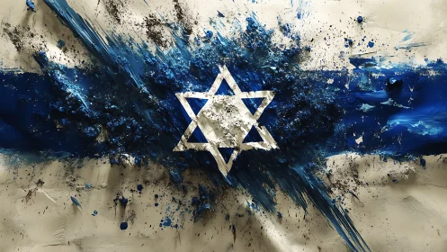 Israeli flag explodes into dynamic blue abstract paint