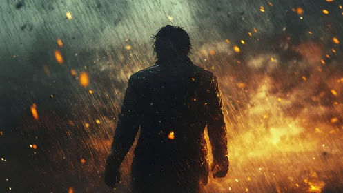 Digital painting of lone figure in rain against inferno backdrop.