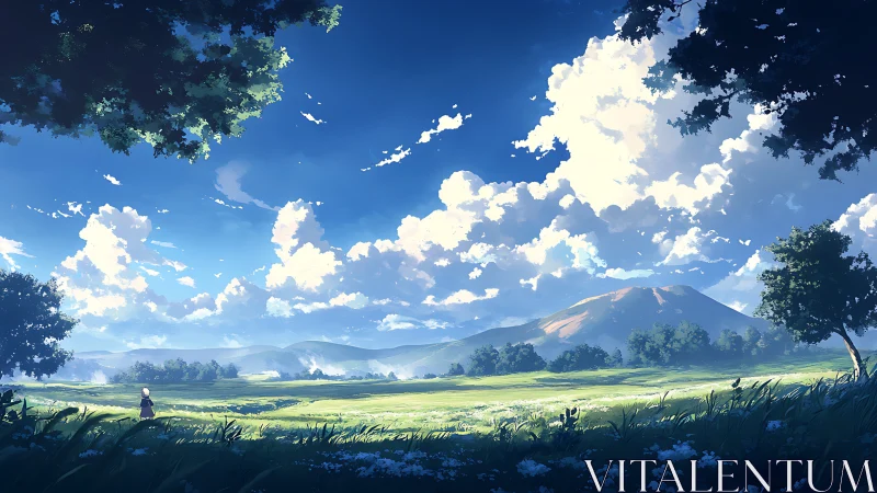 Sunlit meadow and distant mountain under friendly skies.