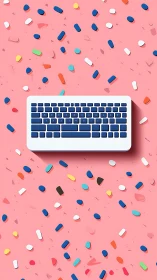 Playful keyboard floats over bright confetti pink workspace