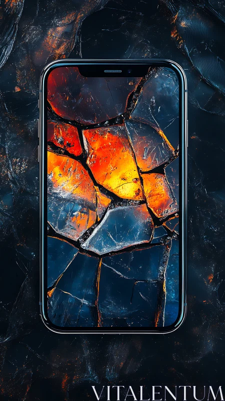 Smartphone screen displays cracked molten glass pattern
