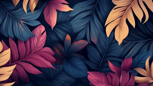 Layered tropical foliage pattern in muted contrasting colors.