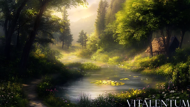 Luminescent Forest Stream: Verdant Canopy With Ambient Radiance Study.