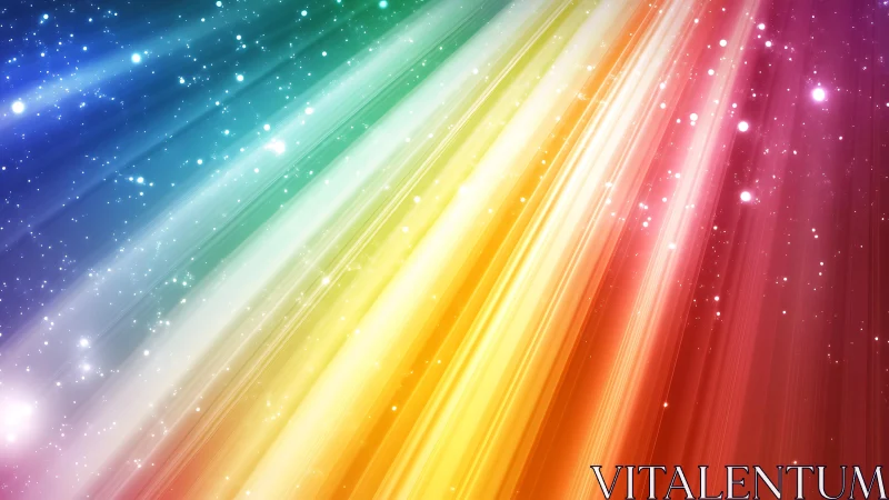 Radiant rainbow light beams with sparkling star effects, digital abstract.