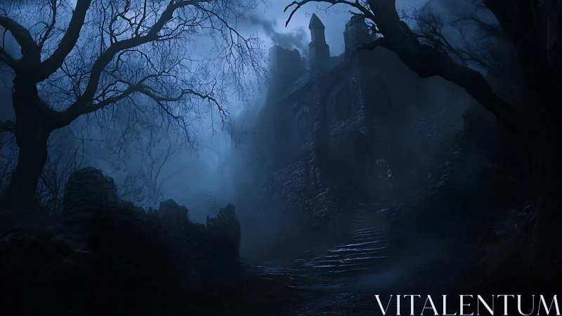 Old stone house on misty night with leafless trees surrounding.