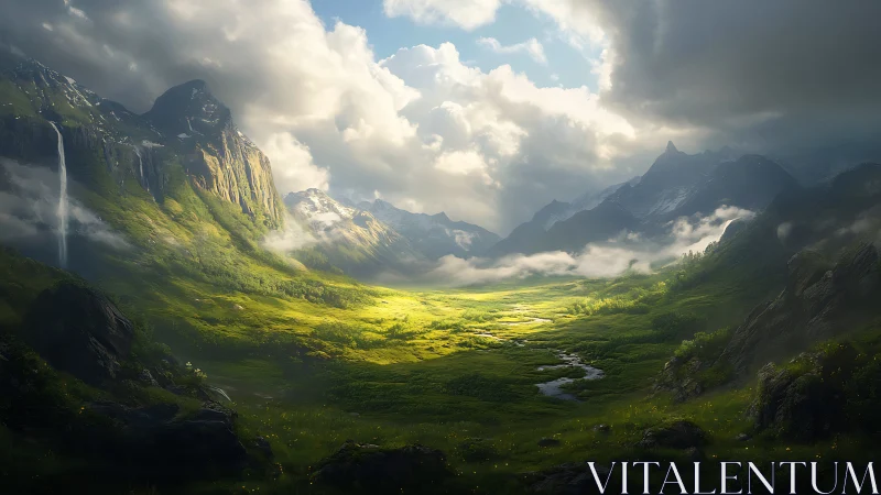 Sunlit alpine valley with glacial peaks, waterfall and mist banks