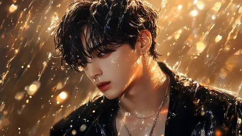 Rain-slicked daydream boy glows beneath molten city lights