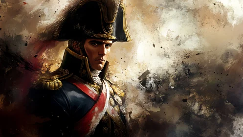 Stoic Napoleonic officer stands against turbulent abstract storm