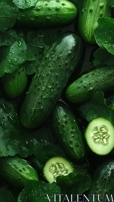 Whole and sliced cucumbers with leaves in close-up view.