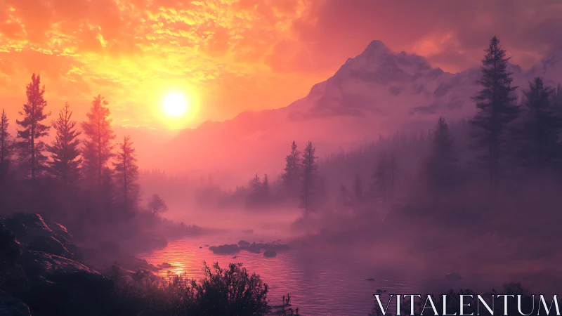 Radiant alpine river at sunrise with mist-layered pines.