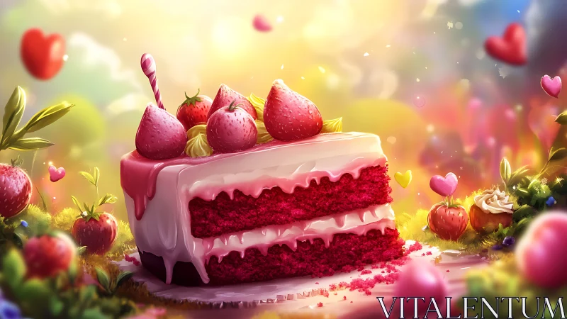 Red velvet cake slice surrounded by pink hearts, berries, golden light.