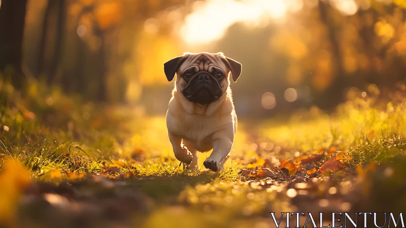 Pug comet trotting through golden autumn glow trail.