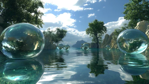 Transparent spheres floating on calm reflective lake surface.
