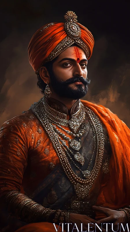 Digital painting portrait of regal Indian noble in orange finery.