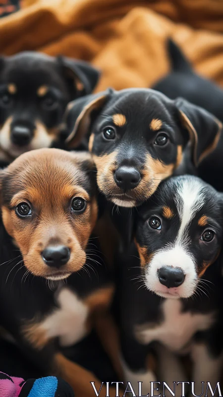 Four tricolor puppies in shallow depth-of-field portrait study