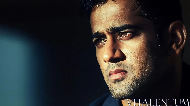 Close-up portrait of serious man in dramatic side light.