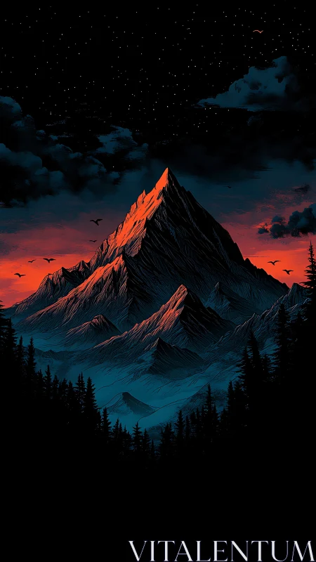Crimson dusk crowns a tranquil mountain under starlit skies