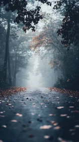 Misty forest road with wet asphalt and overhead foliage.