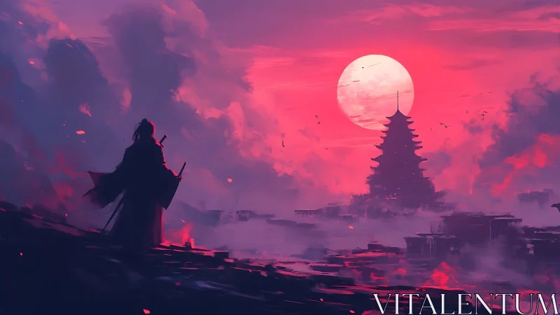 Lone samurai watches crimson sunset over misty pagoda
