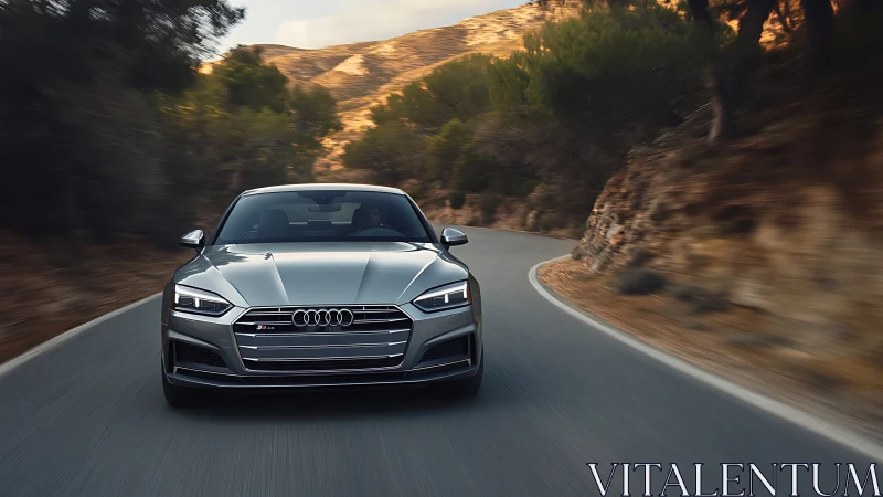 Silver performance sedan powers through sunlit mountain pass.
