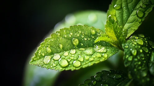 Macro view of green leaves with water droplets present.