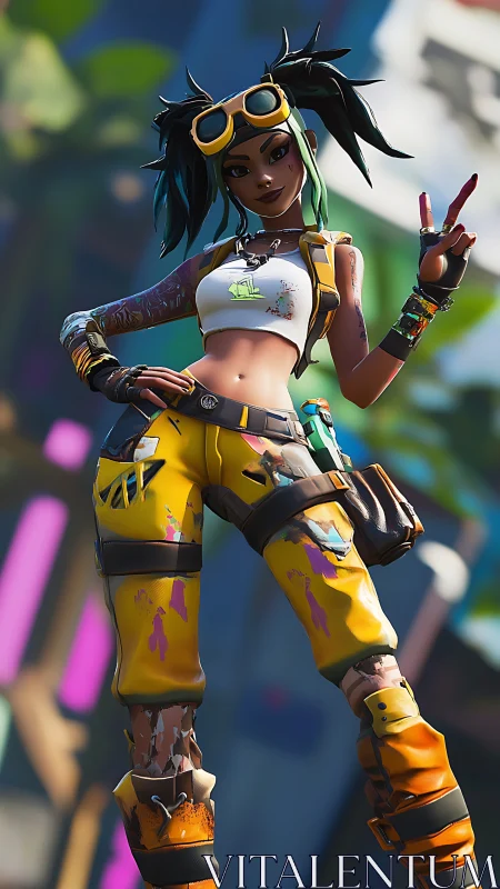 Streetwise cyber heroine strikes a playful victory pose.