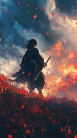 Lone samurai silhouette against burning sky at dusk.