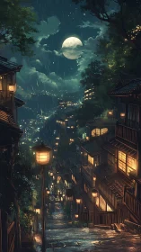 Moonlit rain drapes a lantern-lit hillside street in gold.