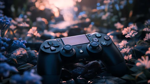 Game controller rests softly in a dreamy forest glow