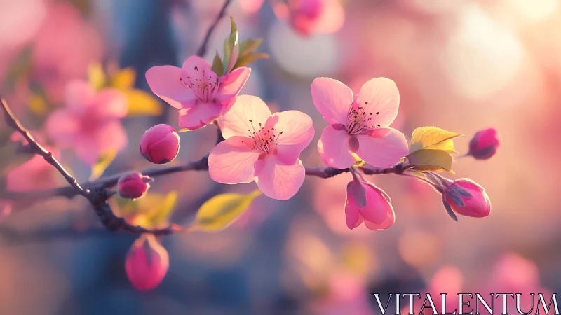 Cherry Blossom Branch with Pink Flowers and Buds