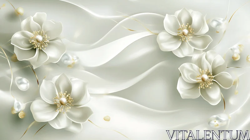 Luminous White Flowers with Gold Accents on Flowing Background