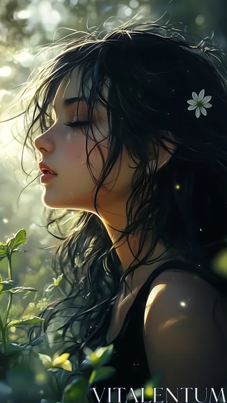 Young woman with dark hair stands in glowing forest light